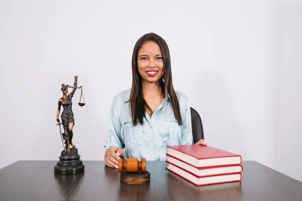 cheerful african american woman table with gavel books statue